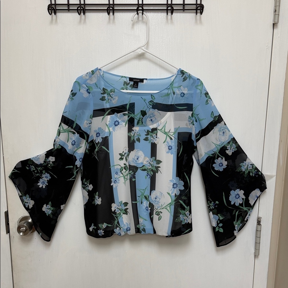 Alfani Floral Blue, Black and White Angel Sleeve Women's Top